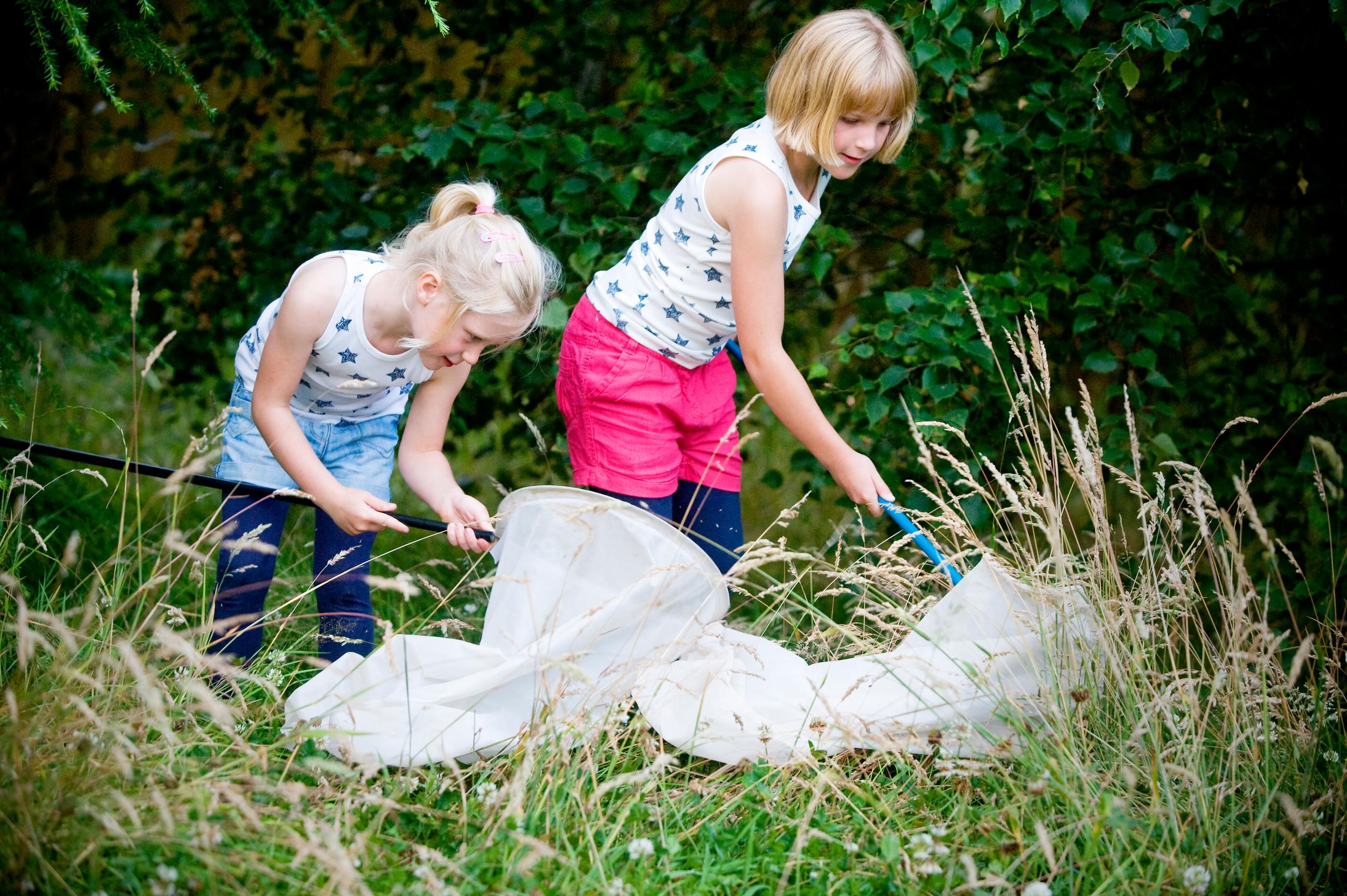 Two children use nets to catch insects